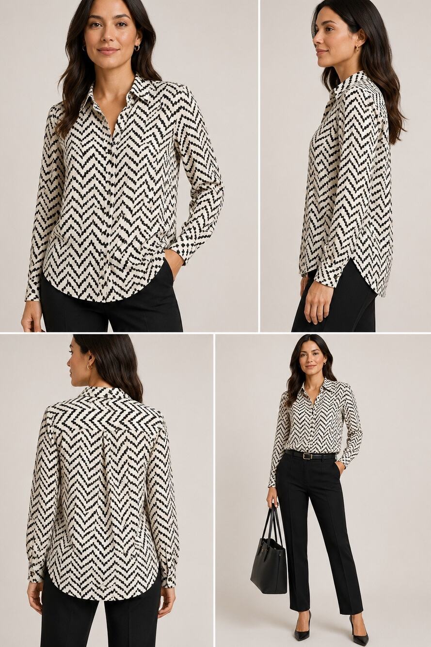 Ann Taylor Petite 10P Black Ivory Chevron Button Down Blouse
